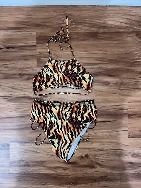Tiger Print High-Waist Bikini Set - Orange/Black